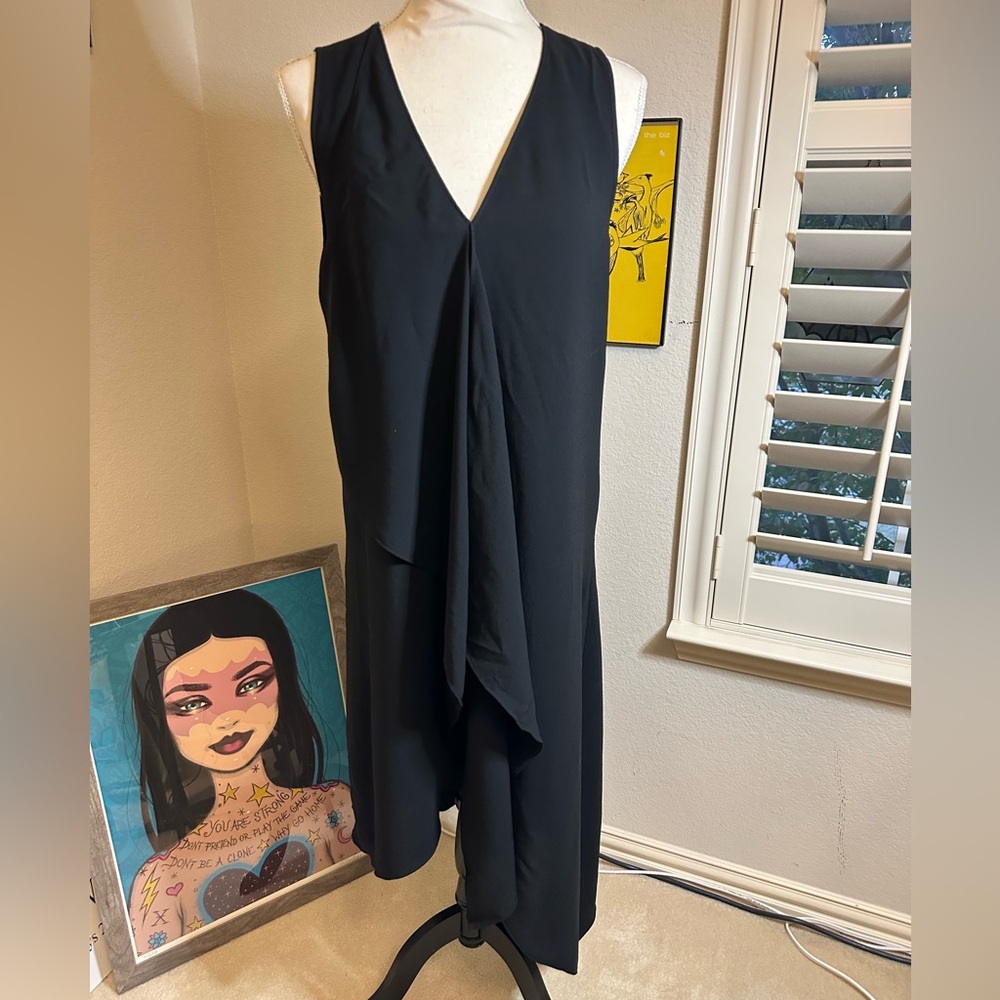 WHBM midi drape front dress vneck black sleeveless party dress size 8
